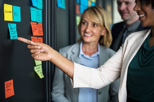 Businesspeople planning tasks with sticky notes